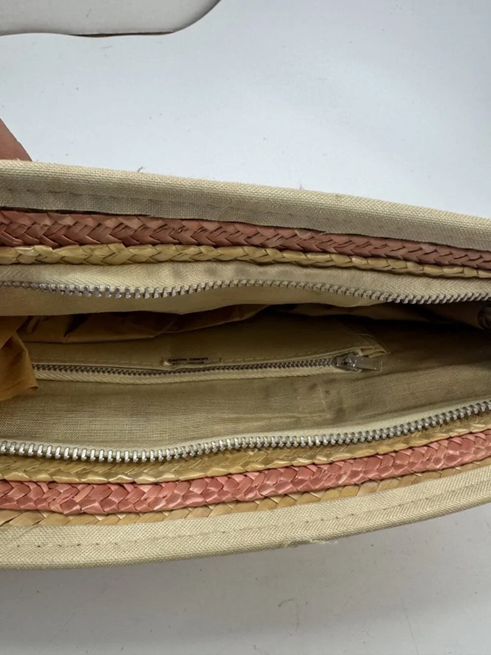 Handwoven Straw Clutch Purse With Multicolor Stripes & Wrist Strap Made In Hong